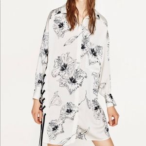 ZARA Satin Shirt Dress Side Lace up Hibiscus Sz. S